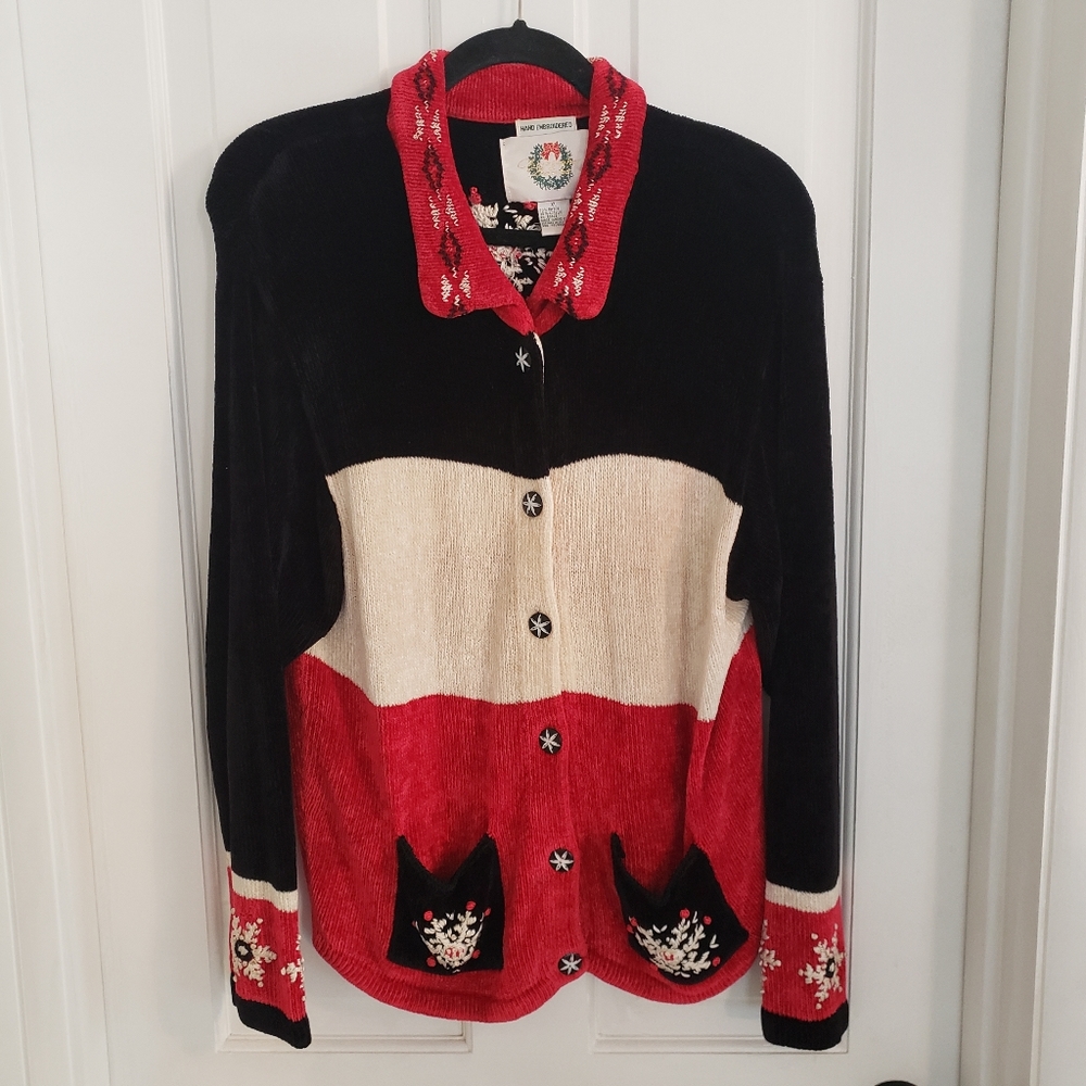 Christopher & Banks Embroidered Christmas Sweater SIZE XL Button Up Red Black